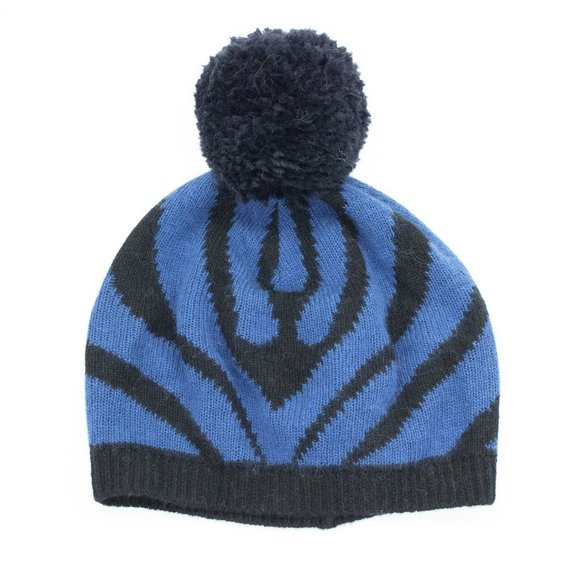 Portolano Cashmere Zebra Slouchy Hat With Pom Pom- Blue, Black - Picture 2 of 4